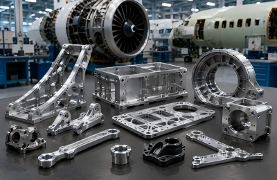 CNC machined aerospace components including lightweight housings, brackets, mounting plates, and precision structural parts.