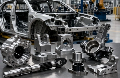 CNC machined automotive components including housings, brackets, shafts, bushings, and structural parts for vehicle manufacturing.