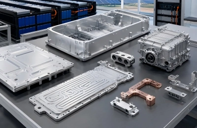 CNC machined components for new energy applications including battery housings, cooling plates, motor housings, and energy storage parts.