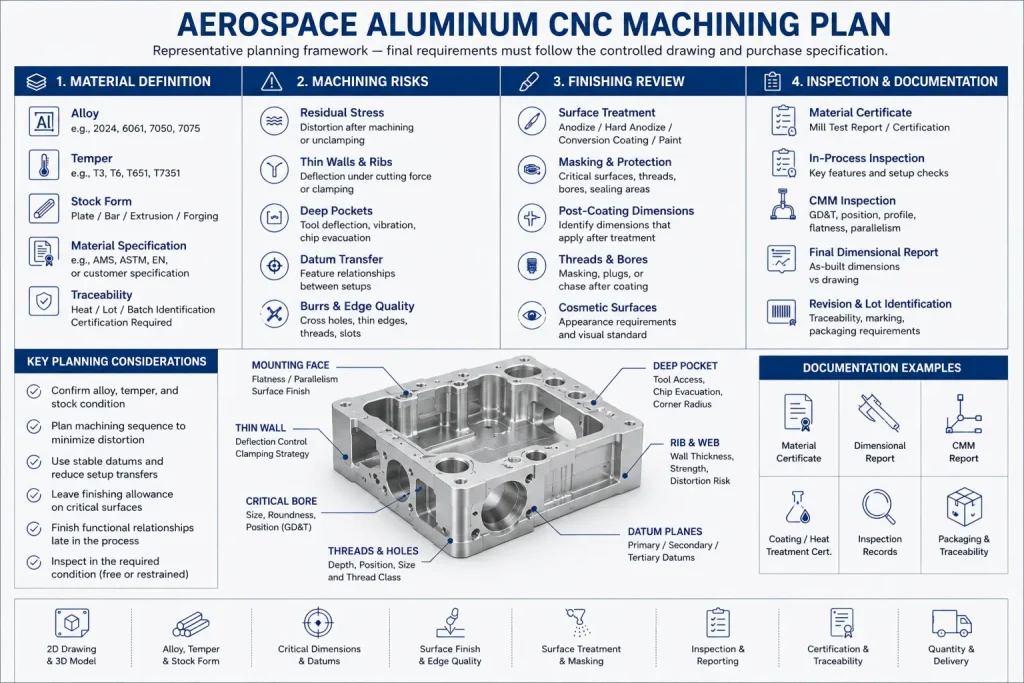 Representative aerospace aluminum CNC machining plan showing alloy, temper, stock form, residual-stress and thin-wall risks, critical features, surface-treatment review, inspection, certification, and traceability requirements.
