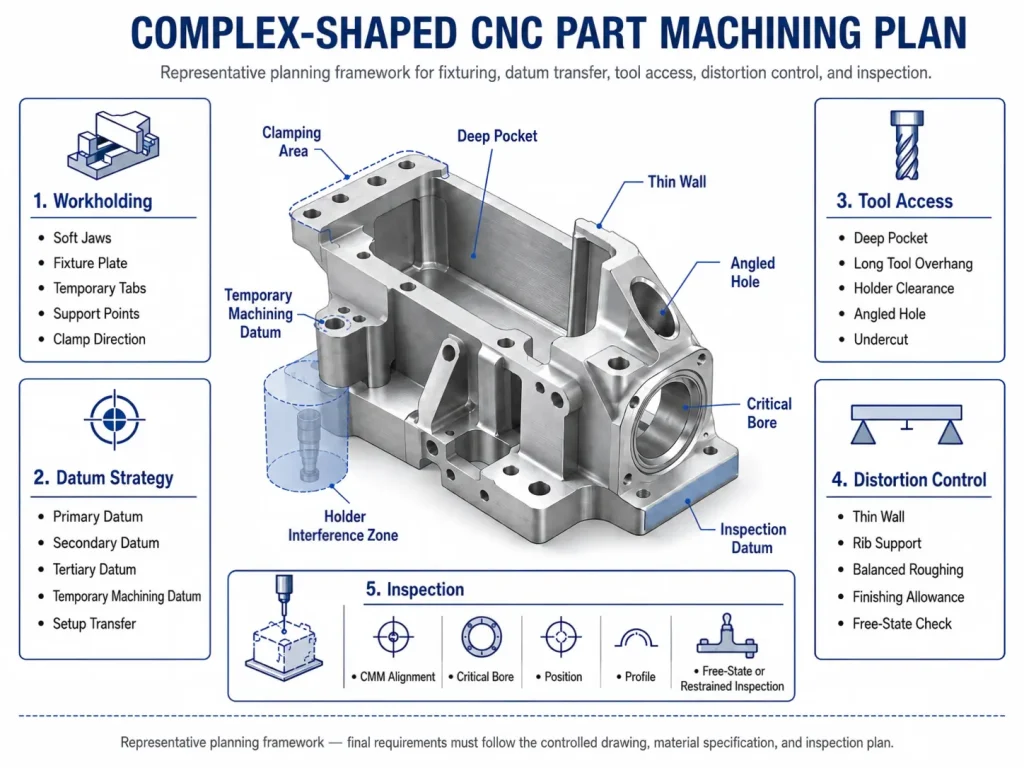Complex CNC part machining plan showing workholding, datum transfer, 工具访问, thin-wall distortion control, critical bores, 和三坐标测量机检查.