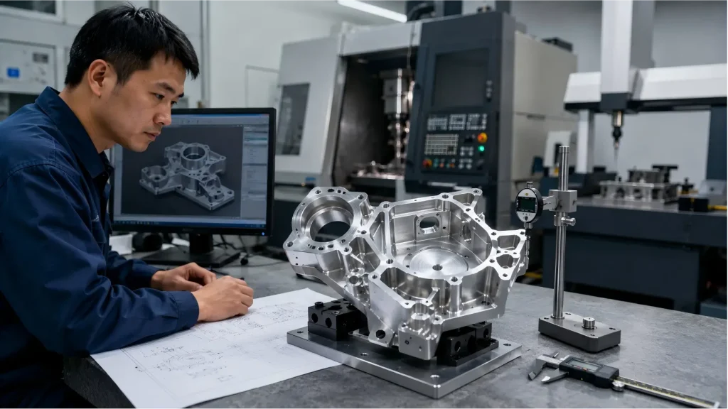 Engineer reviewing a complex CNC machined aluminum housing with multi-face features, 财力雄厚, custom fixturing, CAD data, and inspection equipment.