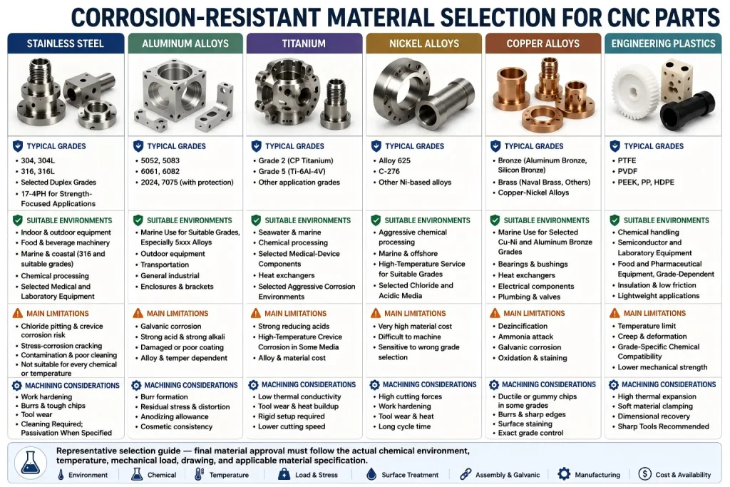 Comparison chart of corrosion-resistant CNC materials, 包括不锈钢, 铝, 钛, nickel and copper alloys, 和工程塑料.