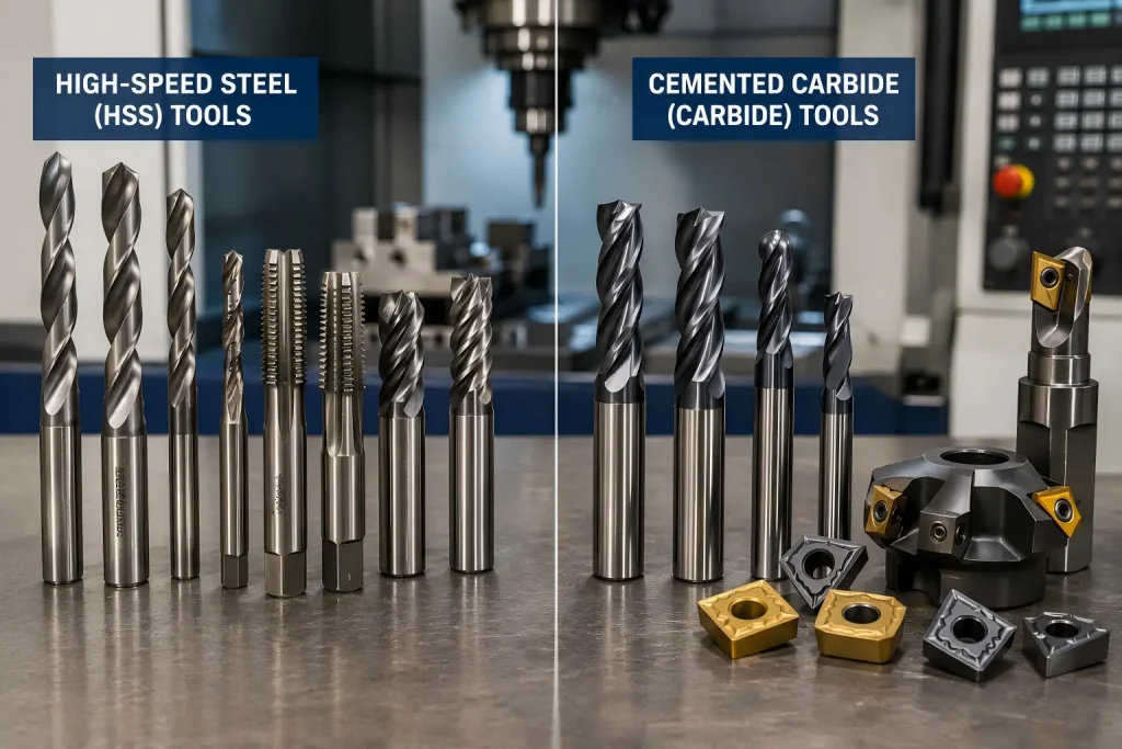 high-speed steel and tung水龙头 steel High-speed steel drills, taps, and end mills compared with solid carbide tools and indexable carbide inserts for CNC machining.