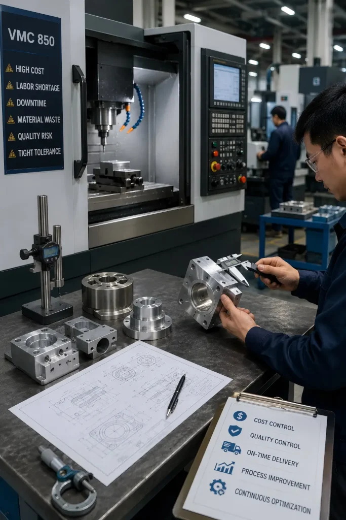 CNC machine tool industry pain points including machining cost, quality control, downtime, material waste, and inspection risk.