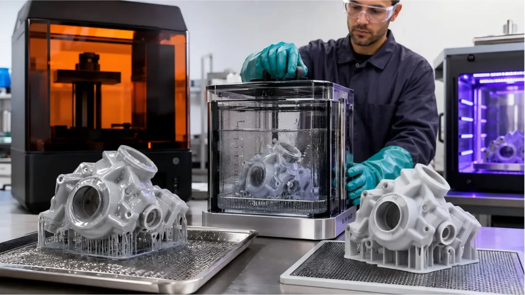 Resin 3D printed housings shown before, 期间, and after controlled IPA washing in an SLA post-processing workstation.