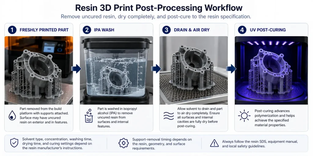 Resin 3D print post-processing workflow showing a freshly printed supported part, IPA washing to remove uncured resin, complete air drying, and controlled UV post-curing.