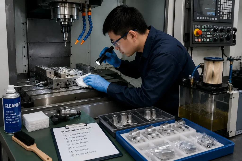 Technician cleaning a stopped CNC fixture and inspecting datum surfaces, toolholders, coolant filtration, chips, and protected machined parts to prevent contamination and handling damage.