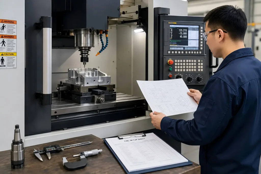 Engineer reviewing a CNC machining setup, technical drawing, cutting tools, and inspection equipment before first-piece production.