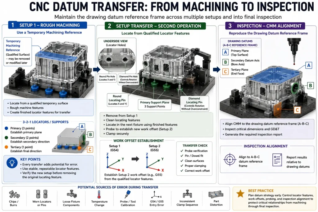 CNC datum transfer workflow showing a temporary machining reference, underside locator holes with round and diamond pins, second-operation work-offset establishment, and CMM alignment to drawing datums A-B-C.