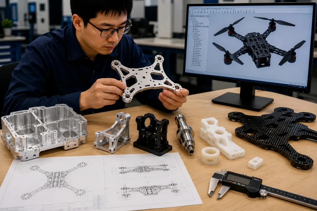 Engineer reviewing CNC-machined metal, engineering-plastic, and carbon-fiber components for drone frames, brackets, housings, shafts, and lightweight assemblies.