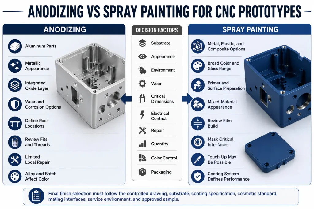 Anodizing versus spray-painting decision guide comparing substrate compatibility, appearance, wear, masking, critical dimensions, color control, repair, and packaging for CNC prototypes.