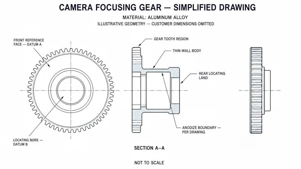 Simplified 2D drawing of an aluminum camera focusing gear showing the reference face, locating bore, tooth region, 和薄壁体
