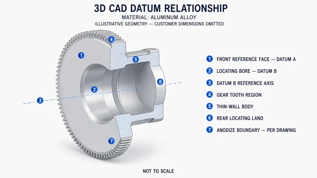 Annotated 3D CAD cutaway of an aluminum camera focusing gear showing its reference face, locating bore, thin-wall body, and datum axis