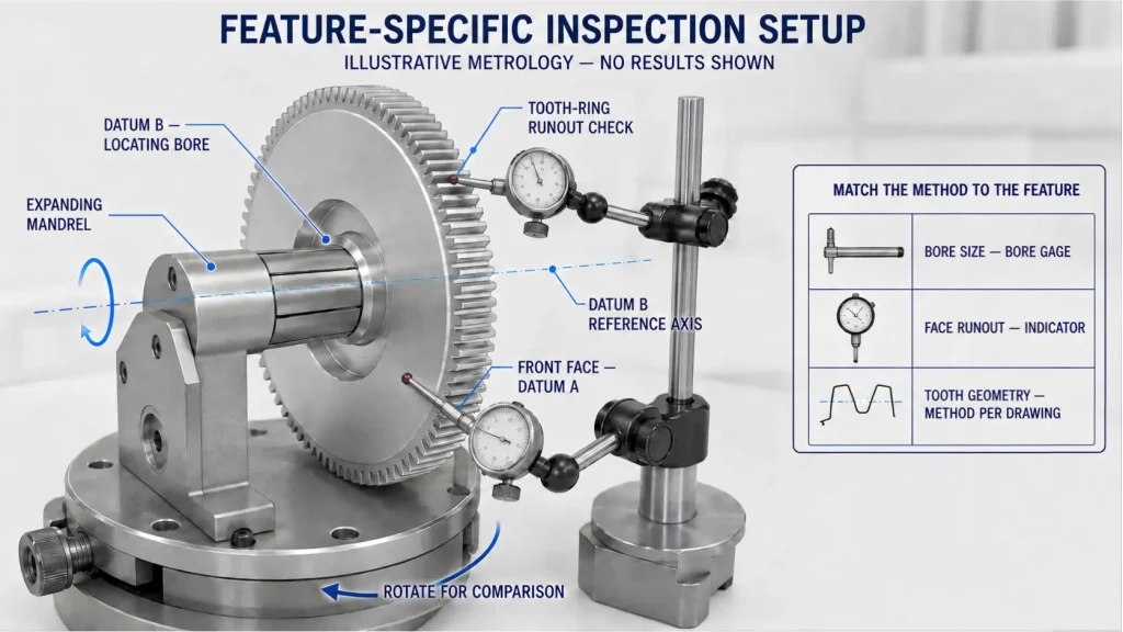 Illustrative inspection setup for an aluminum camera focusing gear using an expanding mandrel and indicators to check tooth-ring and face runout