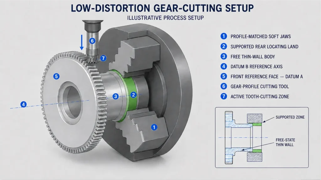 CAD process illustration of an aluminum camera focusing gear held by profile-matched soft jaws during controlled tooth cutting