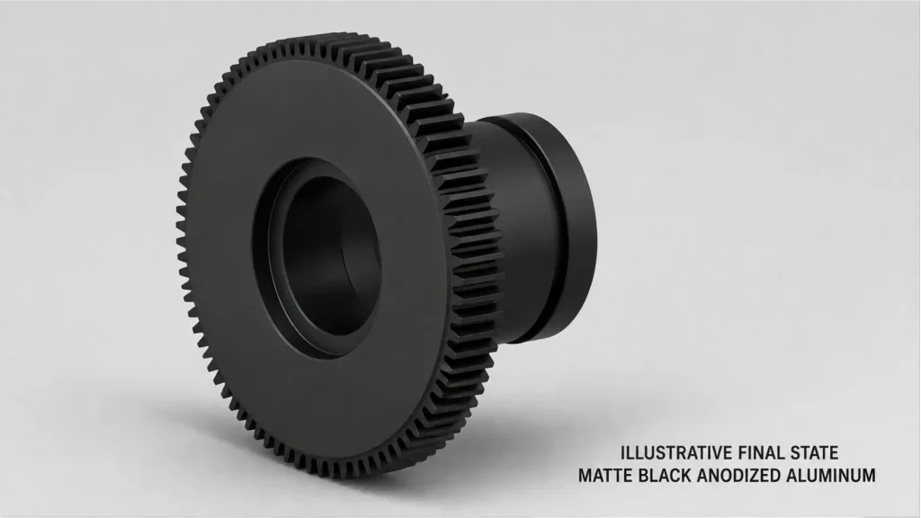 Illustrative CAD rendering of a matte black anodized aluminum camera focusing gear with fine external teeth and a stepped locating bore