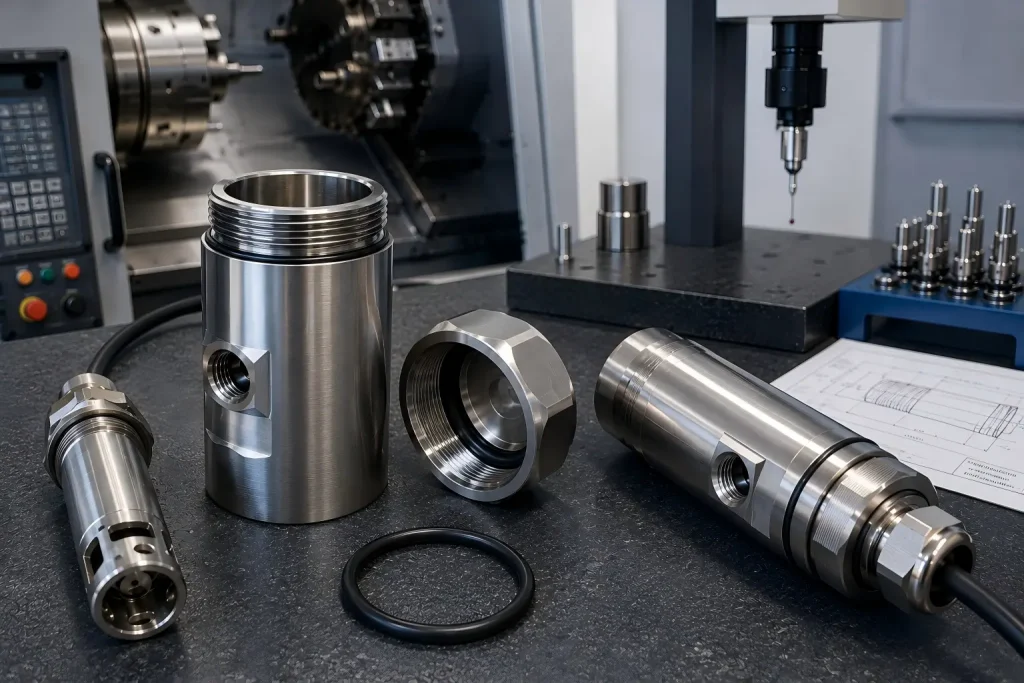 CNC machined water quality sensor housing components with a stainless steel cylindrical body, matching internal-threaded end cap, O-ring sealing interfaces, sensor probe, and cable-entry assembly.