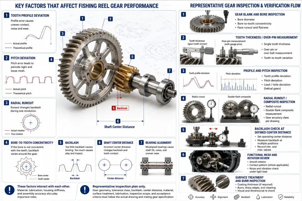 Representative fishing reel gear inspection plan showing tooth profile and pitch deviation, radial runout, bore concentricity, backlash, shaft center distance, bearing alignment, gear tooth measurement, and functional meshing checks.