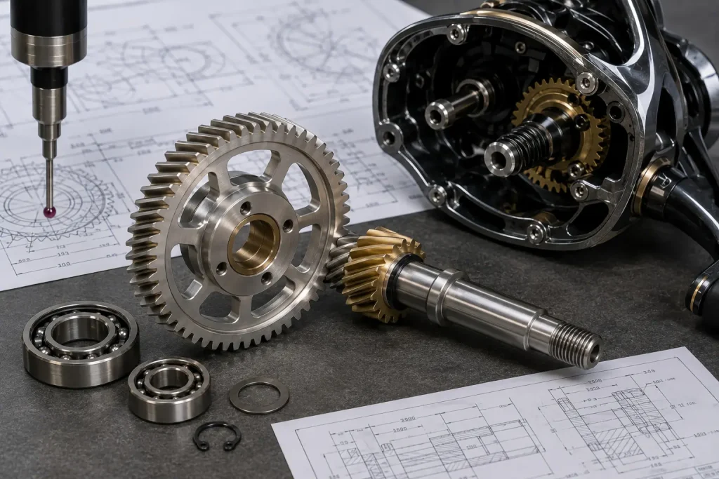 Representative CNC machined fishing reel transmission components showing a matched helical main gear and pinion shaft, 轴承, retaining hardware, and an open reel housing.