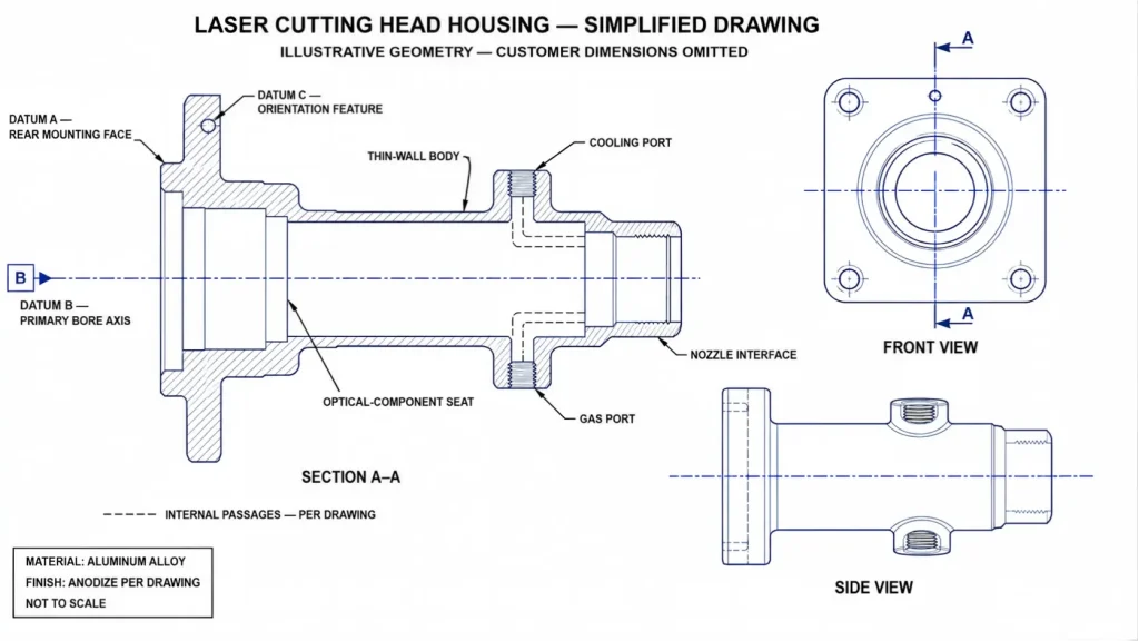 Simplified 2D drawing of an aluminum laser cutting head housing showing the rear mounting face, primary bore axis, side ports, internal passages, and thin-wall body