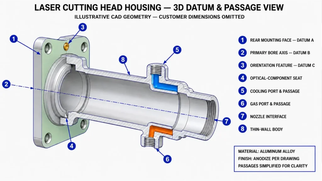 Annotated 3D CAD cutaway of an aluminum laser cutting head housing showing datum features, the primary bore, side ports, and separate internal passages