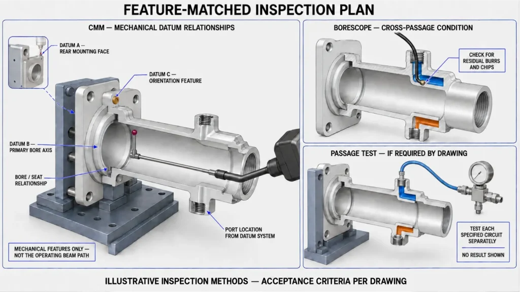 Feature-matched inspection of an aluminum laser cutting head housing using CMM probing, borescope passage checks, and a drawing-specified pressure test