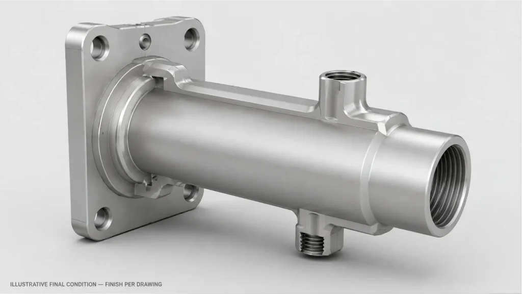 Illustrative final CAD rendering of an anodized aluminum laser cutting head housing with internal threads and machined side ports