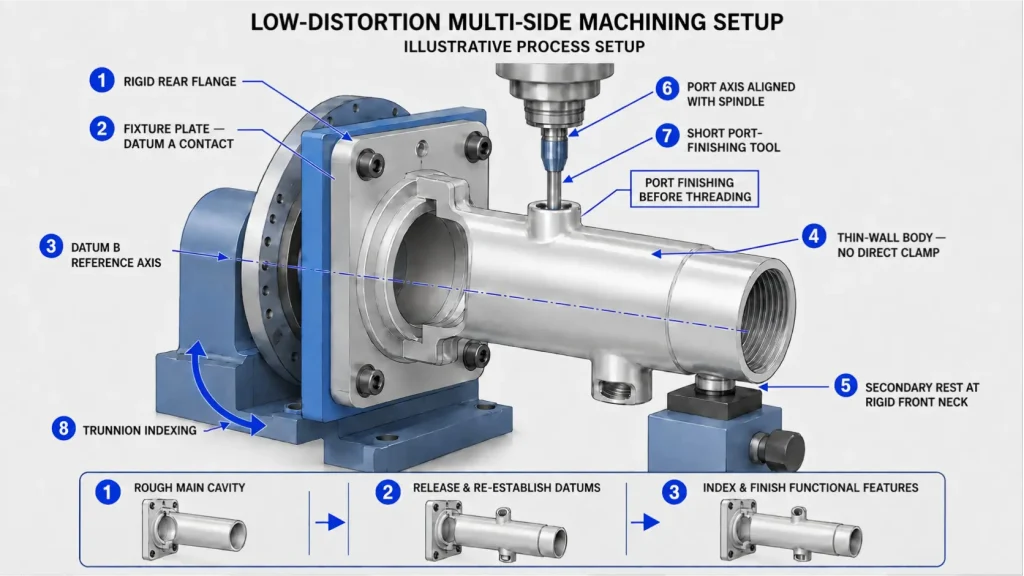 Low-distortion machining setup for an aluminum laser cutting head housing using rear-flange location, front-neck support, and indexed side-port finishing