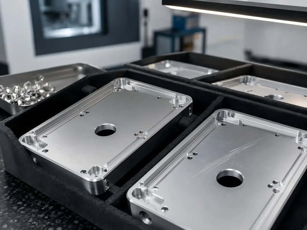 Clean and scratched CNC-machined aluminum housings separated in protective trays under raking light for cosmetic surface inspection.