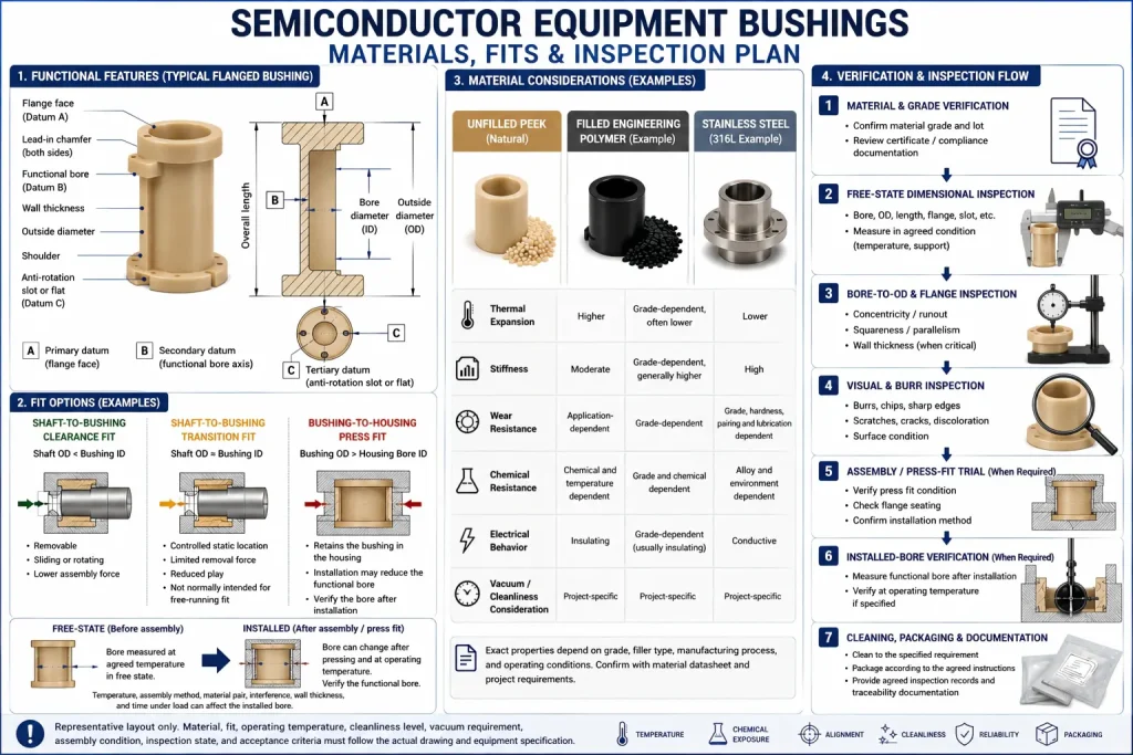 Representative semiconductor equipment bushing material, 合身, and inspection plan showing functional bores, flange and datum features, shaft clearance, bushing-to-housing press fit, free-state and installed-bore verification, 打扫, 包装, and documentation review.