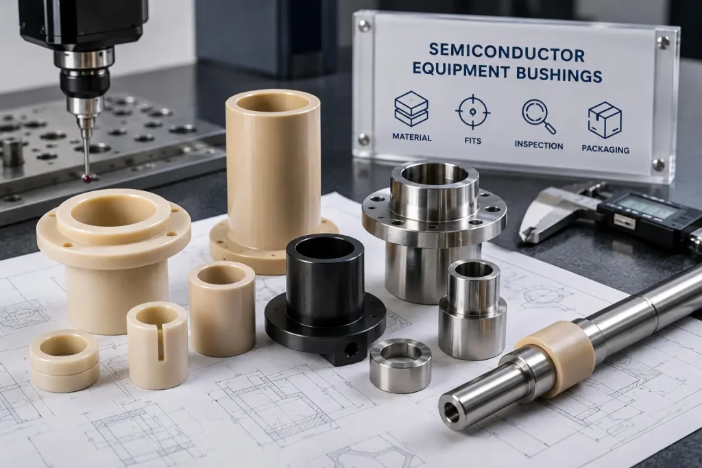 CNC 加工的半导体设备衬套和套筒采用工程聚合物和不锈钢制成, 显示精密孔, 法兰特点, 配合轴, 和尺寸检测设备.