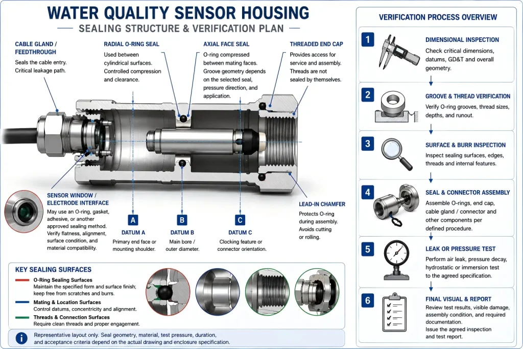 Representative water quality sensor housing sealing and inspection plan showing radial and axial O-ring seals, threaded end cap, cable feedthrough, sensor interface, 基准参考, 集会, and leak-test verification.