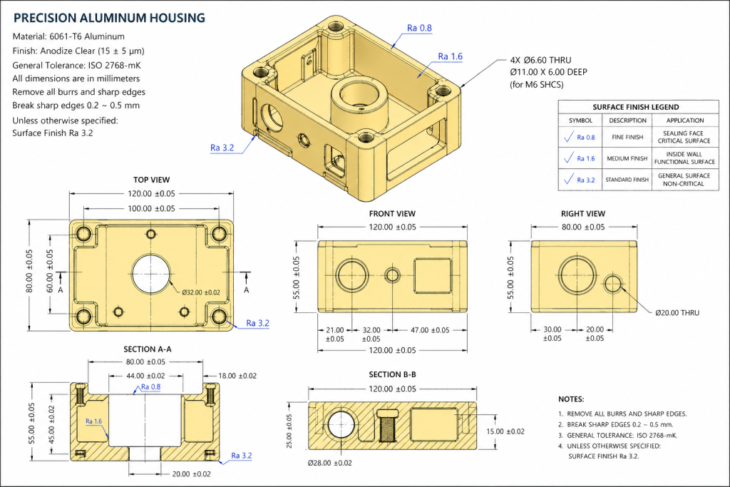 3D engineering drawing of precision aluminum electronic housing with dimensional views and Ra 0.8 finish details