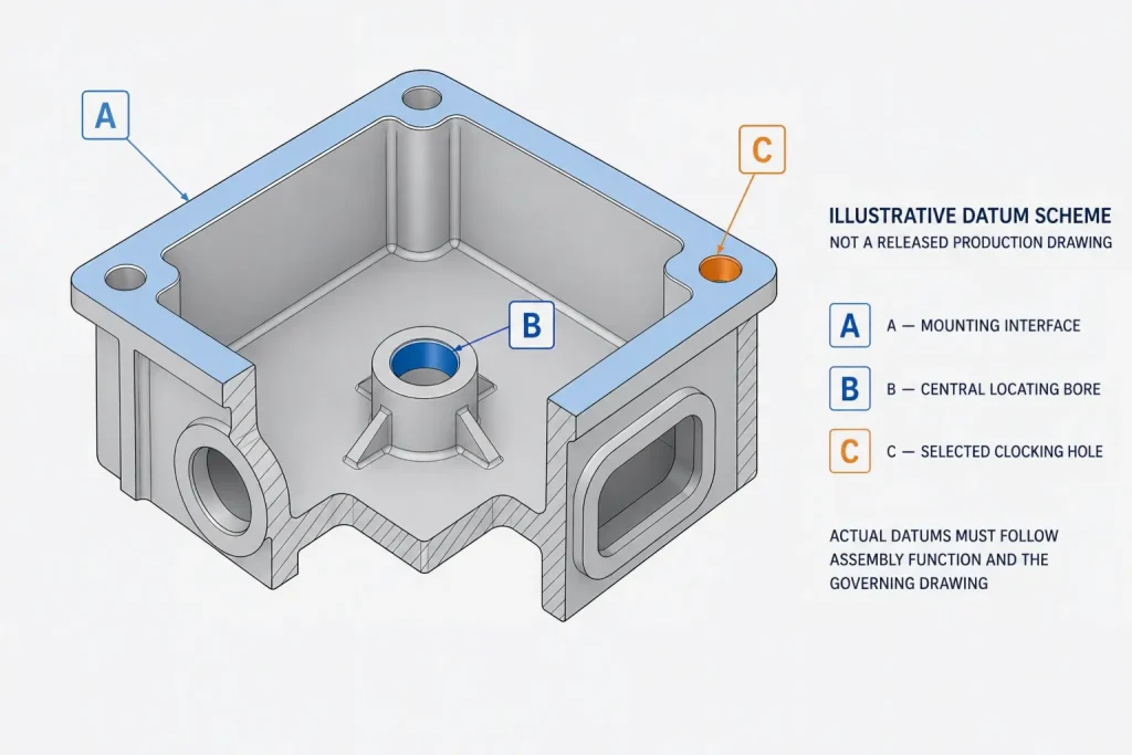 CAD cutaway of a representative aluminum housing showing an illustrative mounting-interface, locating-bore, and clocking-hole datum scheme