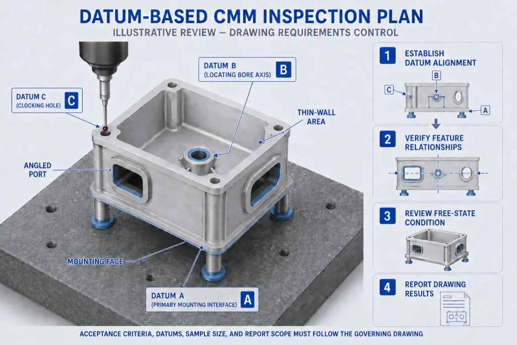 Datum-based CMM inspection plan for a representative aluminum housing showing mounting-face alignment, locating-bore axis, clocking feature, angled port, and thin-wall review