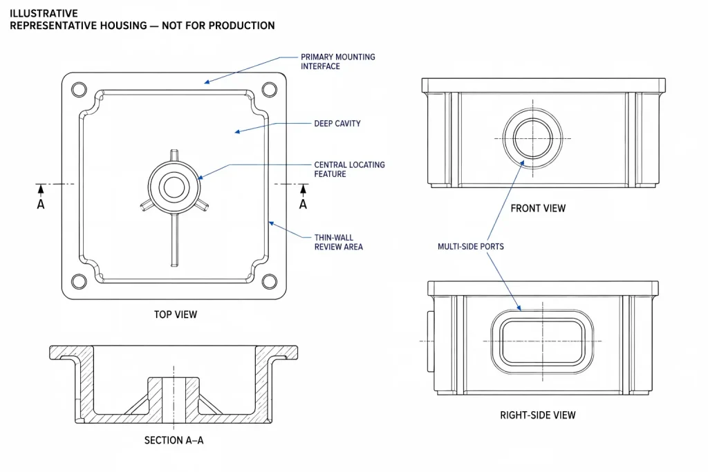 Illustrative drawing of a representative aluminum housing with a deep cavity, mounting interface, locating feature, multi-side ports, and thin-wall regions