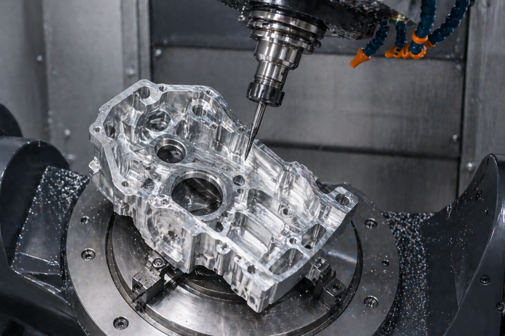 5 axis CNC machining of complex aluminum housing with multiple angle features and precision milling