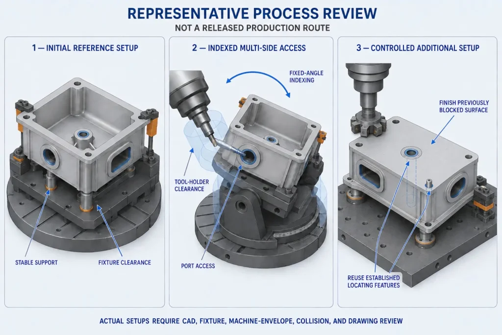 Representative process review for an aluminum housing showing initial support, indexed port access, and a controlled additional setup for the previously blocked surface