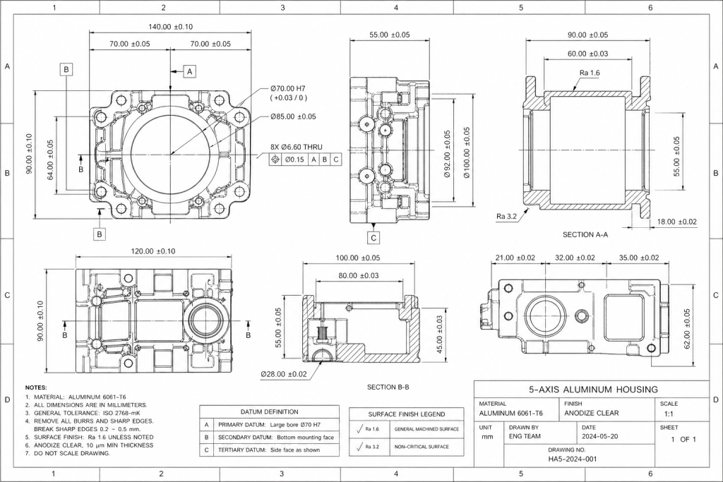 2D CAD drawing of a complex 5-axis aluminum housing with multi-angle tolerances