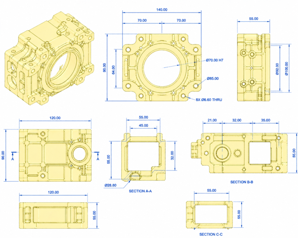 3D yellow CAD model showing complex internal geometry and multi-angle features