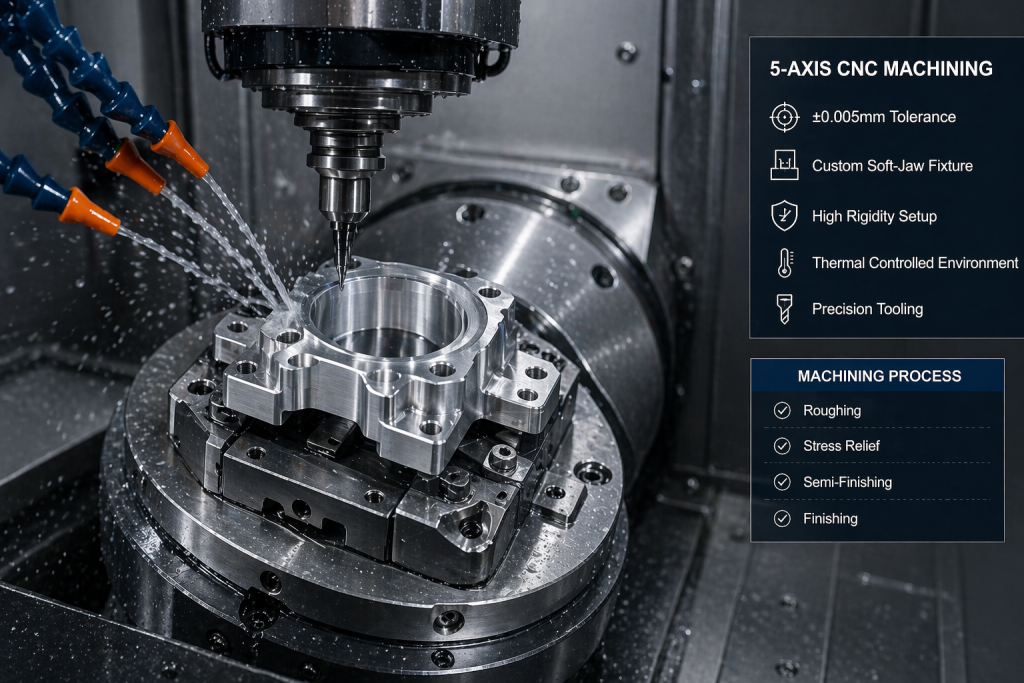 5-axis CNC machining setup for ±0.005mm precision aluminum component with custom fixture