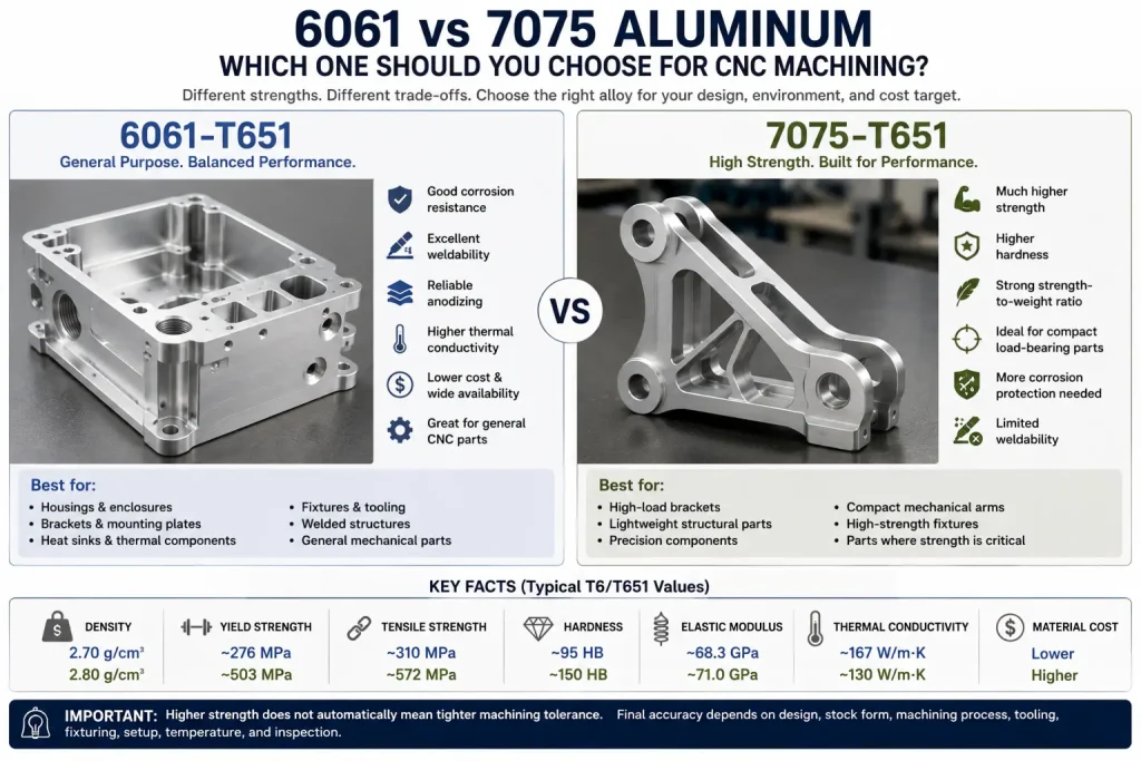 6061-T651 CNC housing compared with a 7075-T651 high-strength bracket, showing typical strength, hardness, corrosion, weldability, thermal conductivity, and cost differences.