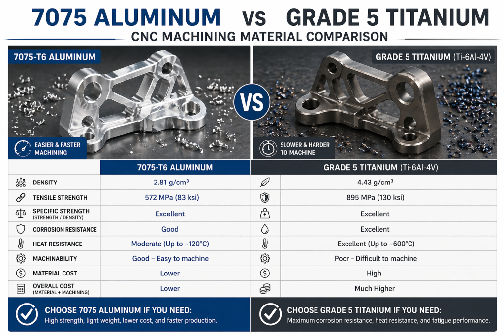 7075 aluminum vs grade 5 titanium CNC machining material comparison for strength weight and cost