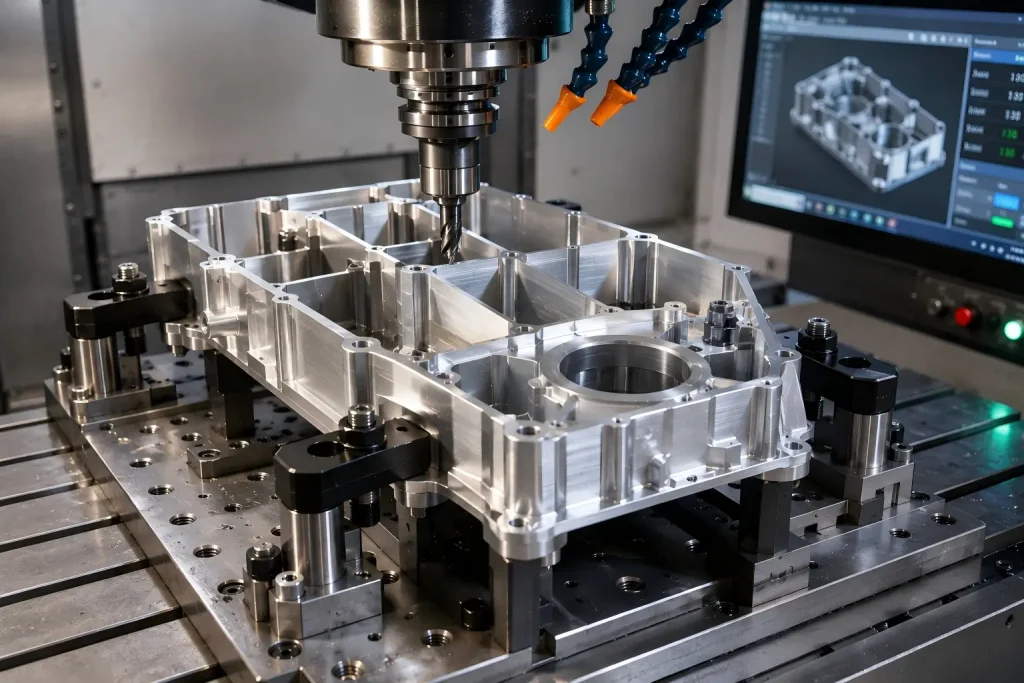 Representative 7075 aluminum thin-wall housing secured with distributed support and clamping during controlled CNC roughing and finishing.