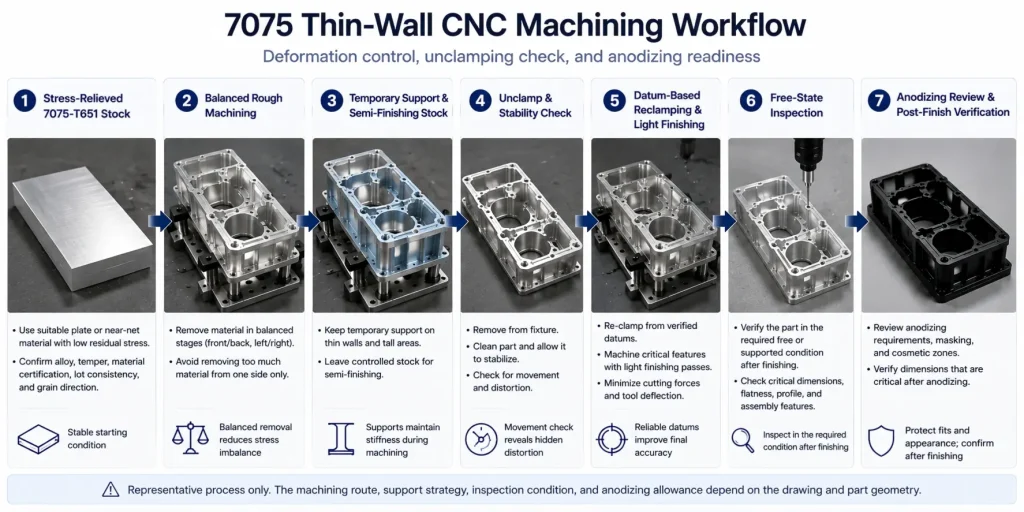 Representative 7075 thin-wall CNC machining workflow showing T651 stock selection, balanced roughing, temporary support, unclamping, datum-based finishing, free-state inspection, and anodizing verification.