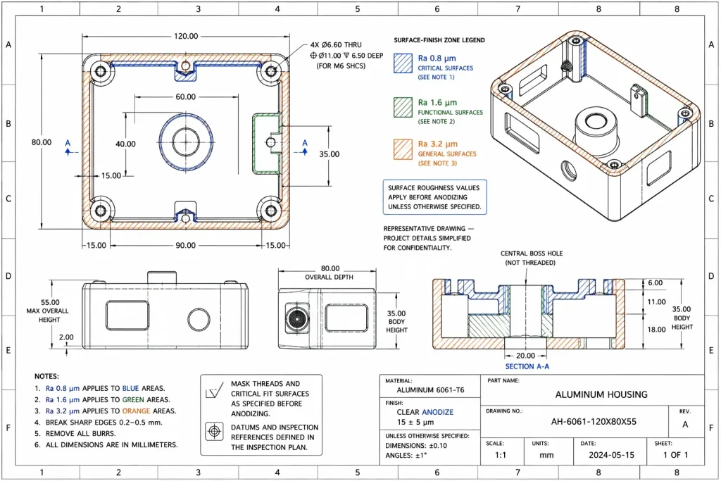 Representative 2D engineering drawing of a 6061-T6 CNC aluminum housing showing Ra 0.8, 拉 1.6, and Ra 3.2 surface zones, 120 by 80 经过 55 millimeter dimensions, M6 counterbored mounting holes, and clear anodizing requirements.