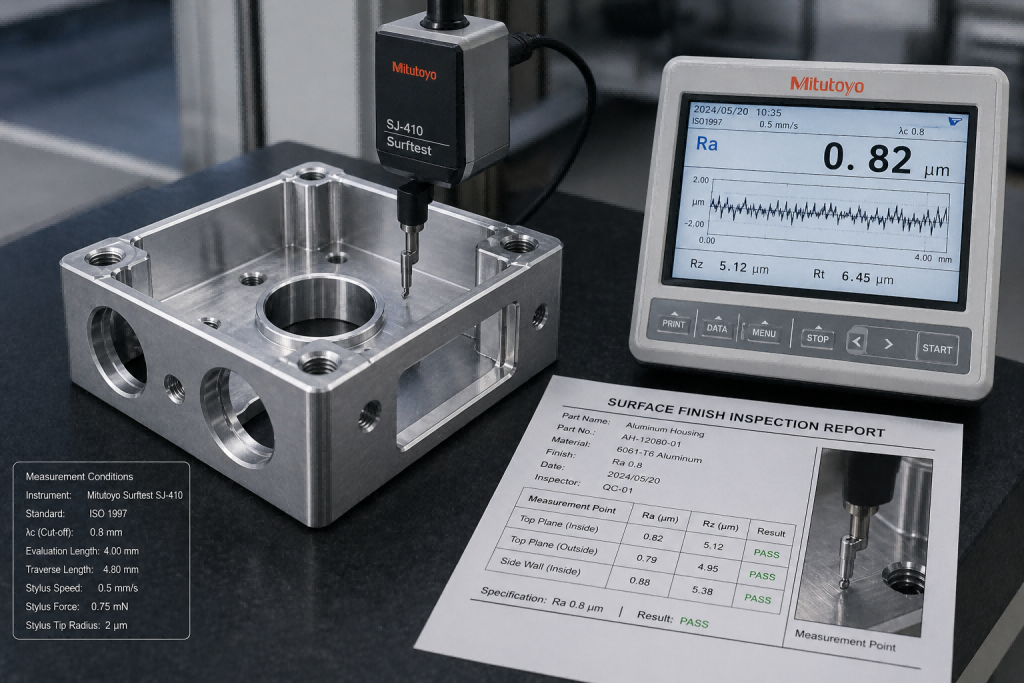 profilometer measuring surface roughness on precision aluminum electronic housing for Ra quality control