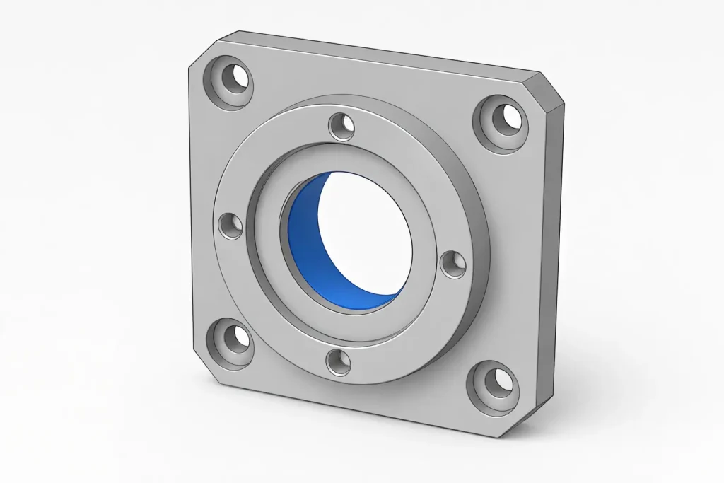 3D CAD view of an aluminum bearing housing with the critical central bore highlighted