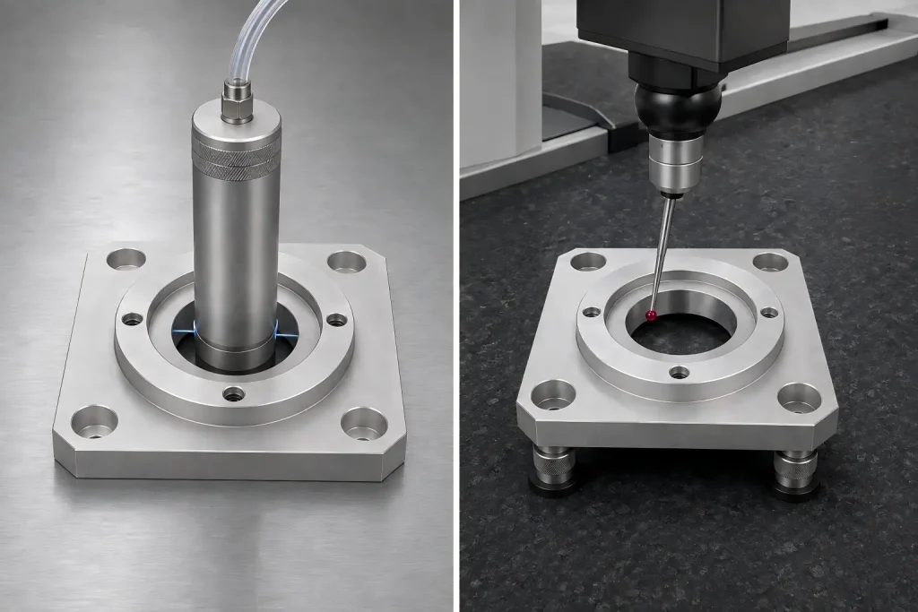 Air gauge and CMM inspection setups for the critical bore of an aluminum bearing housing